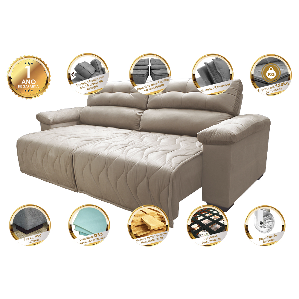 Sofá 2,62m Retrátil e Reclinável com Molas Cama inBox Top Tecido Suede Velusoft Bege