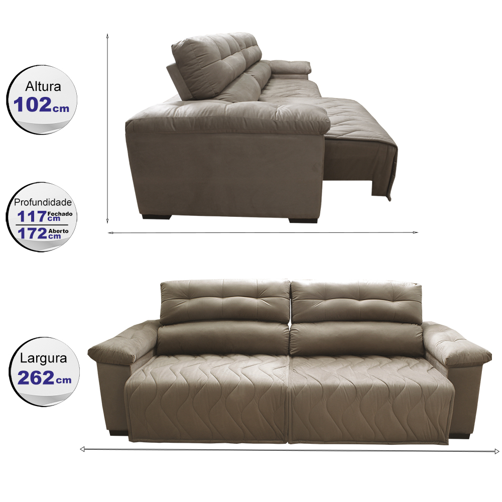 Sofá 2,62m Retrátil e Reclinável com Molas Cama inBox Top Tecido Suede Velusoft Castor