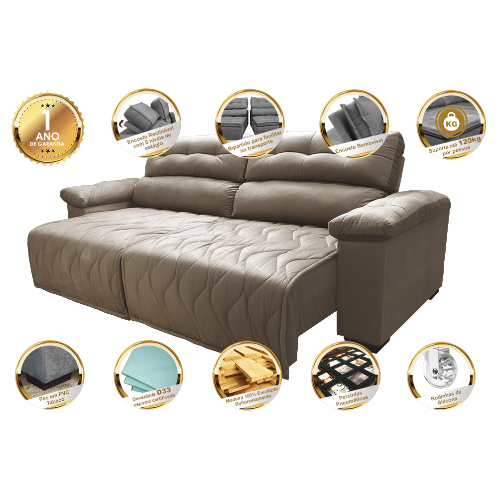 Sofá 2,62m Retrátil e Reclinável com Molas Cama inBox Top Tecido Suede Velusoft Castor