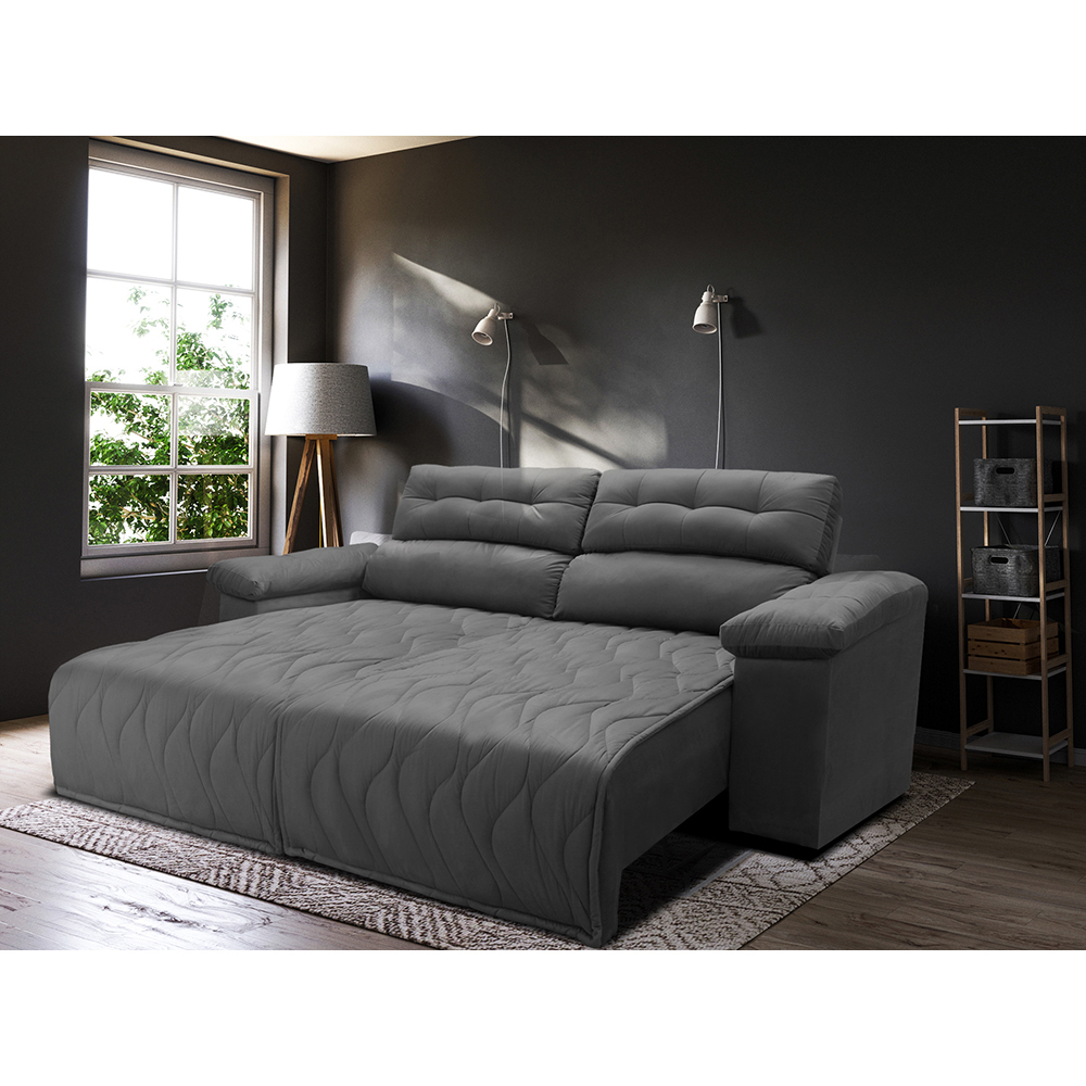 Sofá 2,62m Retrátil e Reclinável com Molas Cama inBox Top Tecido Suede Velusoft Cinza