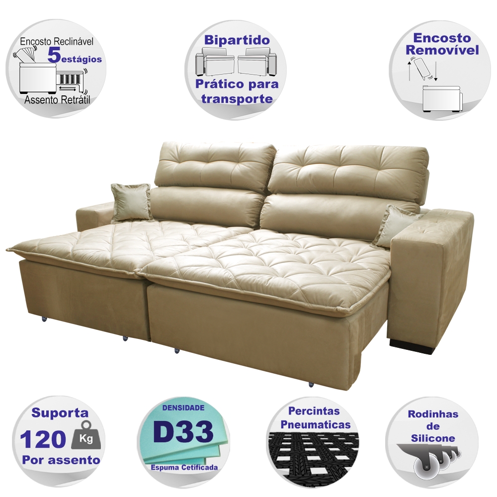 Sofá 2,72m Retrátil e Reclinável com Molas Cama inBox Confort Tecido Suede Velusoft Bege