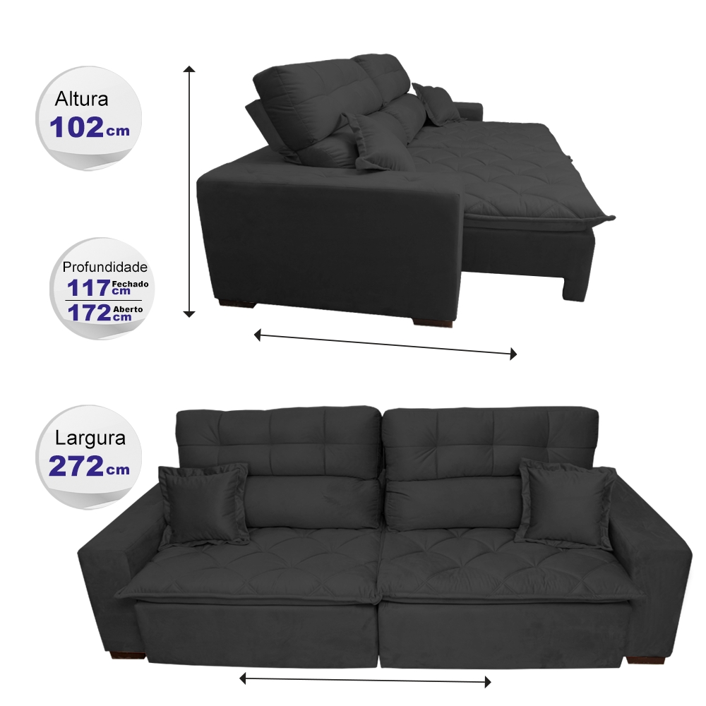 Sofá 2,72m Retrátil e Reclinável com Molas Cama inBox Confort Tecido Suede Velusoft Preto