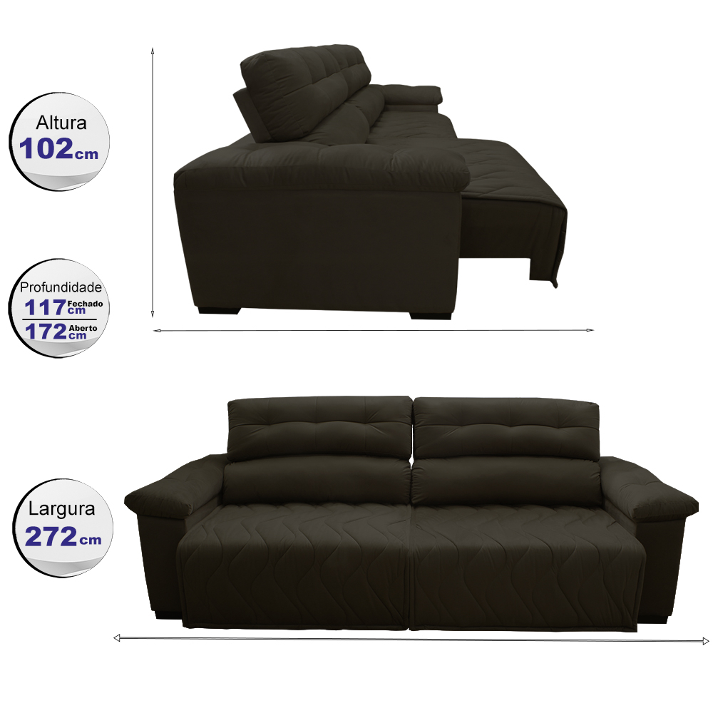Sofá 2,72m Retrátil e Reclinável com Molas Cama inBox Top Tecido Suede Velusoft Café