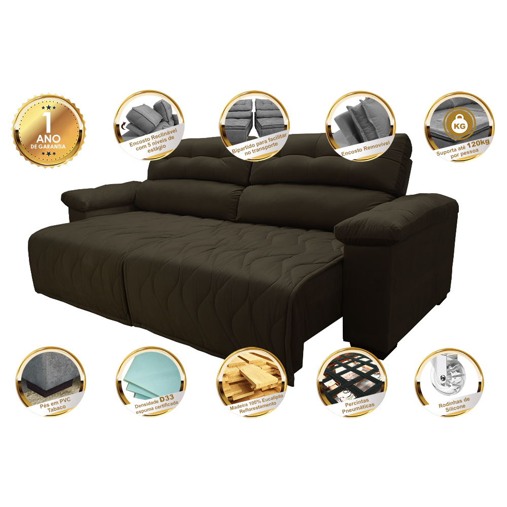 Sofá 2,72m Retrátil e Reclinável com Molas Cama inBox Top Tecido Suede Velusoft Café
