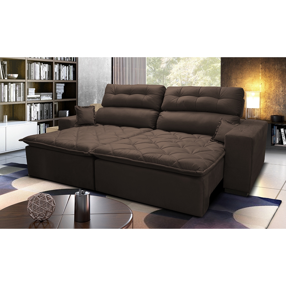 Sofá 2,82m Retrátil e Reclinável com Molas Cama inBox Confort Tecido Suede Velusoft Café