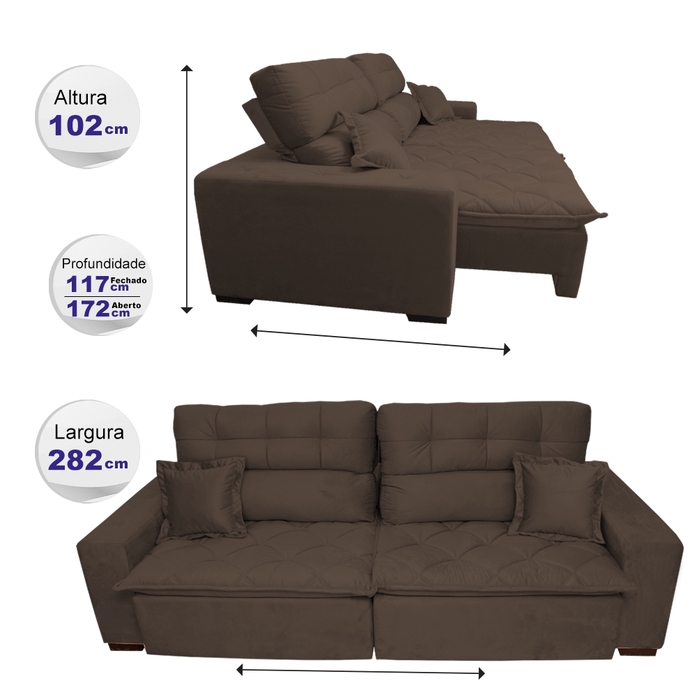 Sofá 2,82m Retrátil e Reclinável com Molas Cama inBox Confort Tecido Suede Velusoft Café