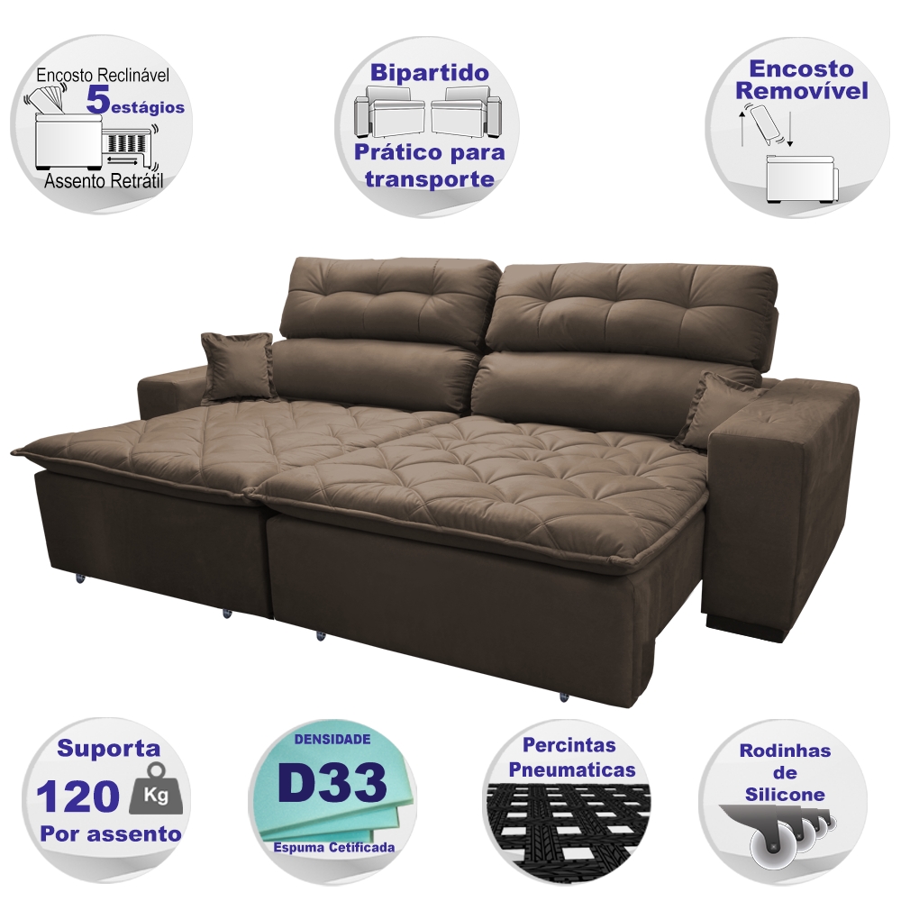Sofá 2,82m Retrátil e Reclinável com Molas Cama inBox Confort Tecido Suede Velusoft Café