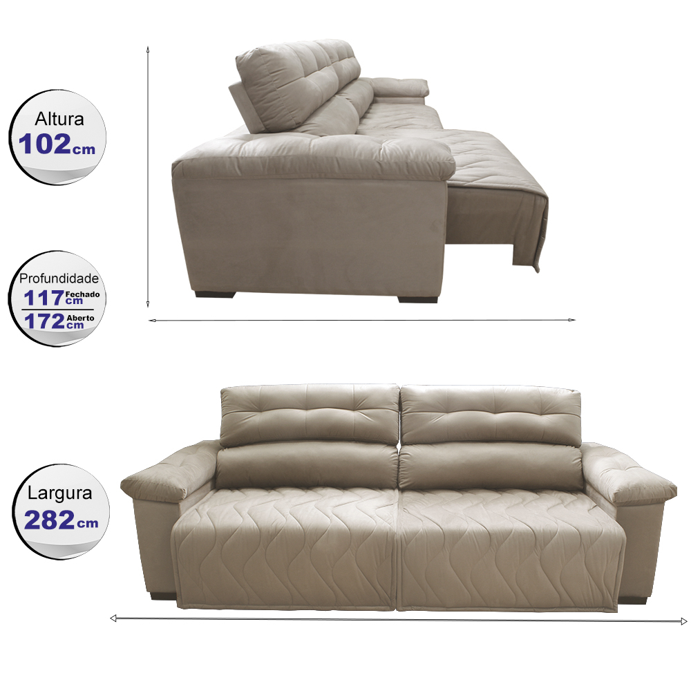 Sofá 2,82m Retrátil e Reclinável com Molas Cama inBox Top Tecido Suede Velusoft Bege