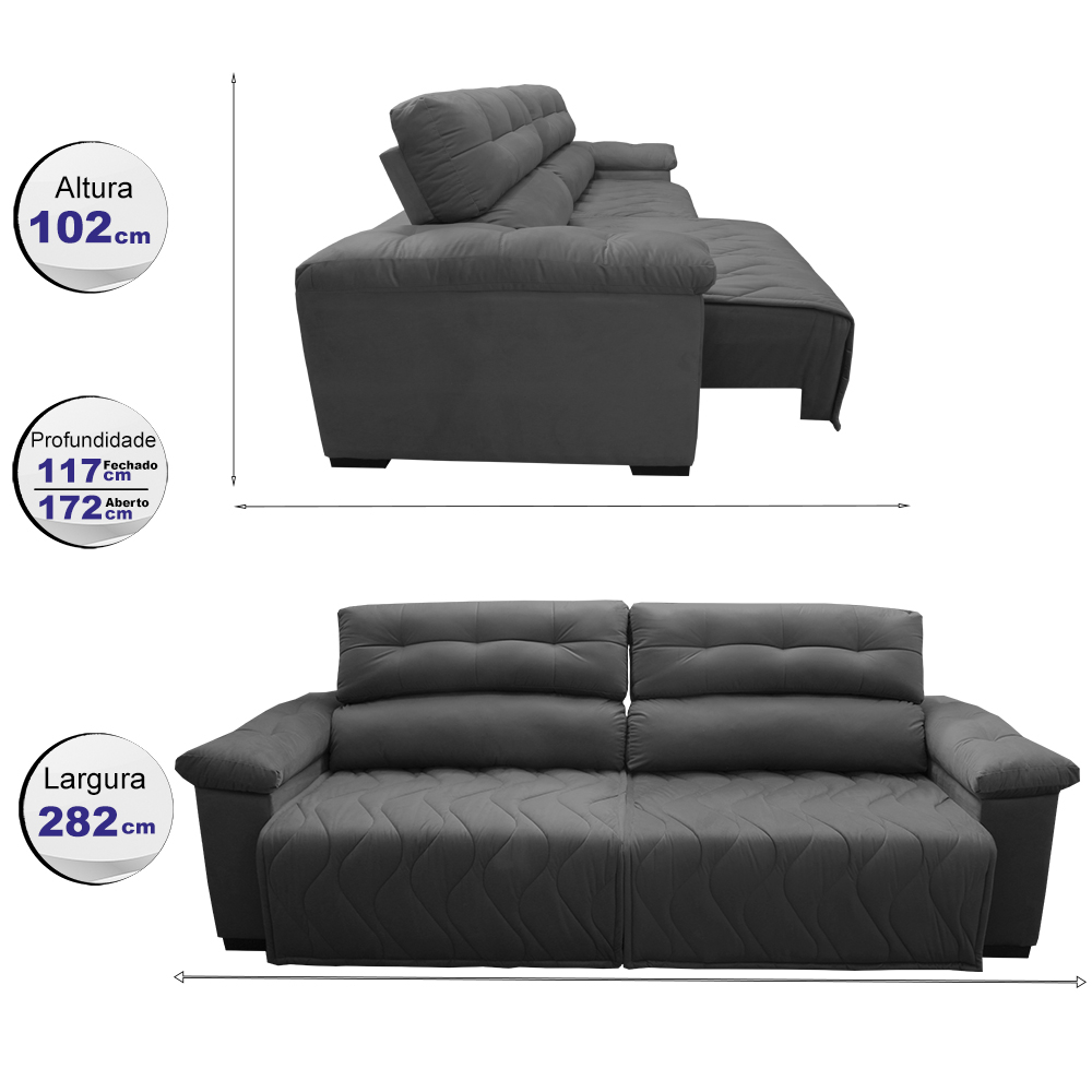 Sofá 2,82m Retrátil e Reclinável com Molas Cama inBox Top Tecido Suede Velusoft Cinza