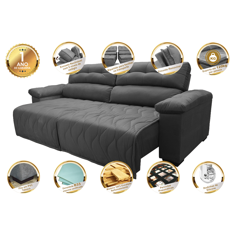 Sofá 2,82m Retrátil e Reclinável com Molas Cama inBox Top Tecido Suede Velusoft Cinza