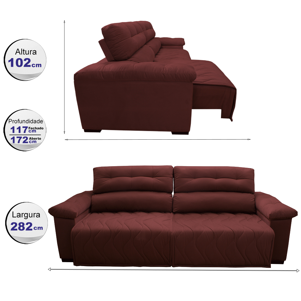Sofá 2,82m Retrátil e Reclinável com Molas Cama inBox Top Tecido Suede Velusoft Vermelho