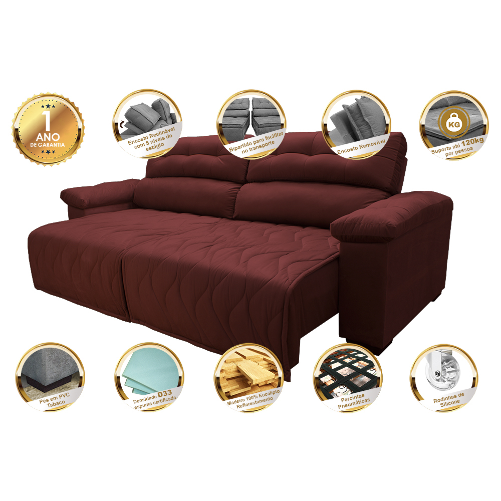 Sofá 2,82m Retrátil e Reclinável com Molas Cama inBox Top Tecido Suede Velusoft Vermelho