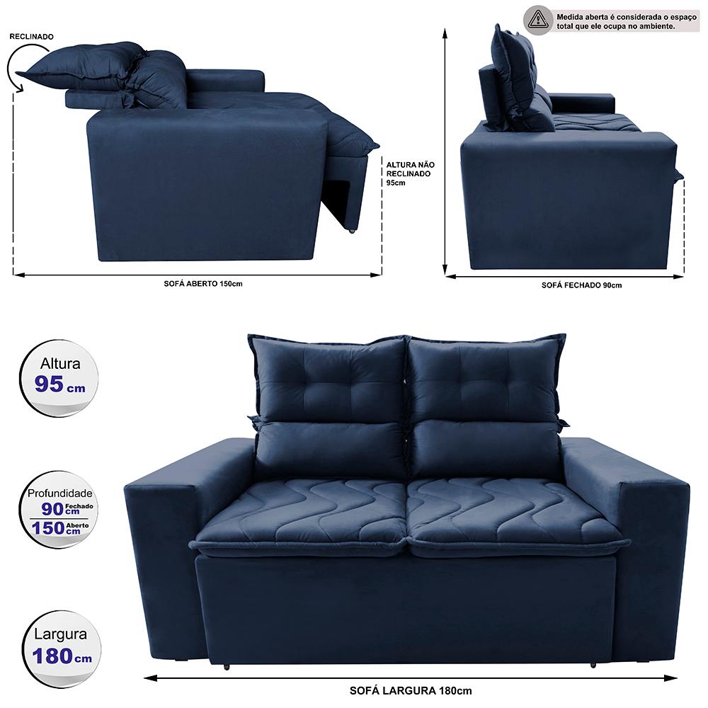 Sofá 3 Lugares Retrátil e Reclinável 1,80m Cama inBox Smal com bordado pantográfico Suede Azul