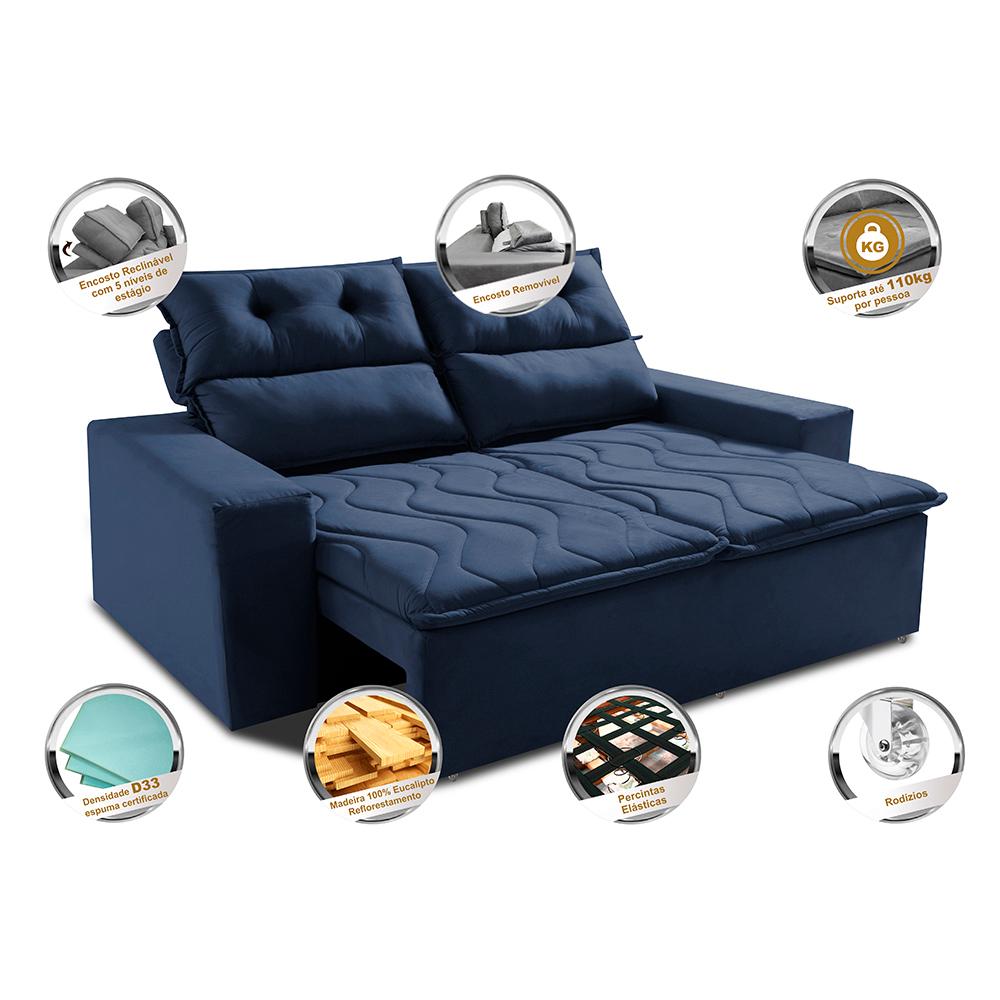 Sofá 3 Lugares Retrátil e Reclinável 1,80m Cama inBox Smal com bordado pantográfico Suede Azul