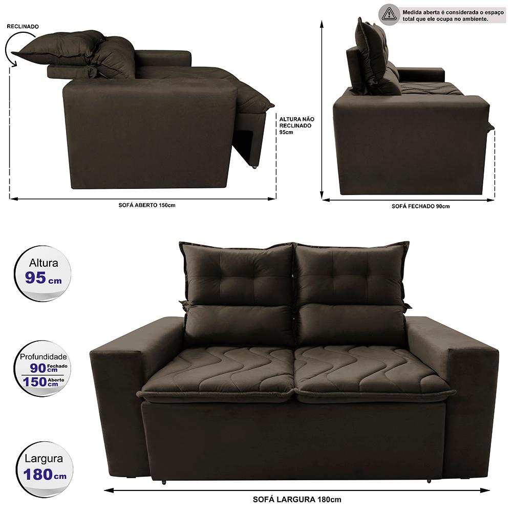 Sofá 3 Lugares Retrátil e Reclinável 1,80m Cama inBox Smal com bordado pantográfico Suede Café