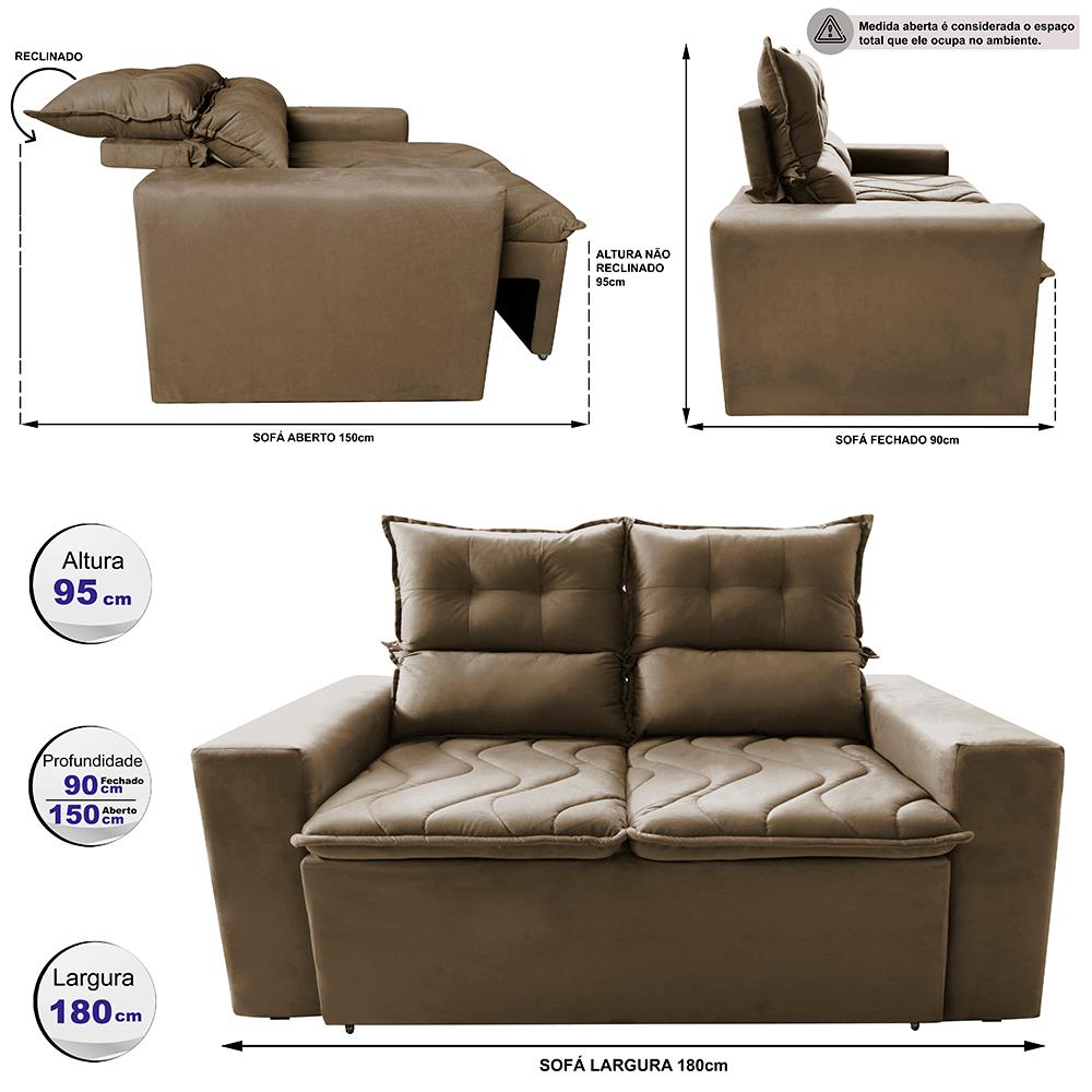 Sofá 3 Lugares Retrátil e Reclinável 1,80m Cama inBox Smal com bordado pantográfico Suede Castor
