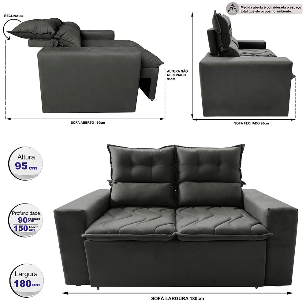 Sofá 3 Lugares Retrátil e Reclinável 1,80m Cama inBox Smal com bordado pantográfico Suede Cinza