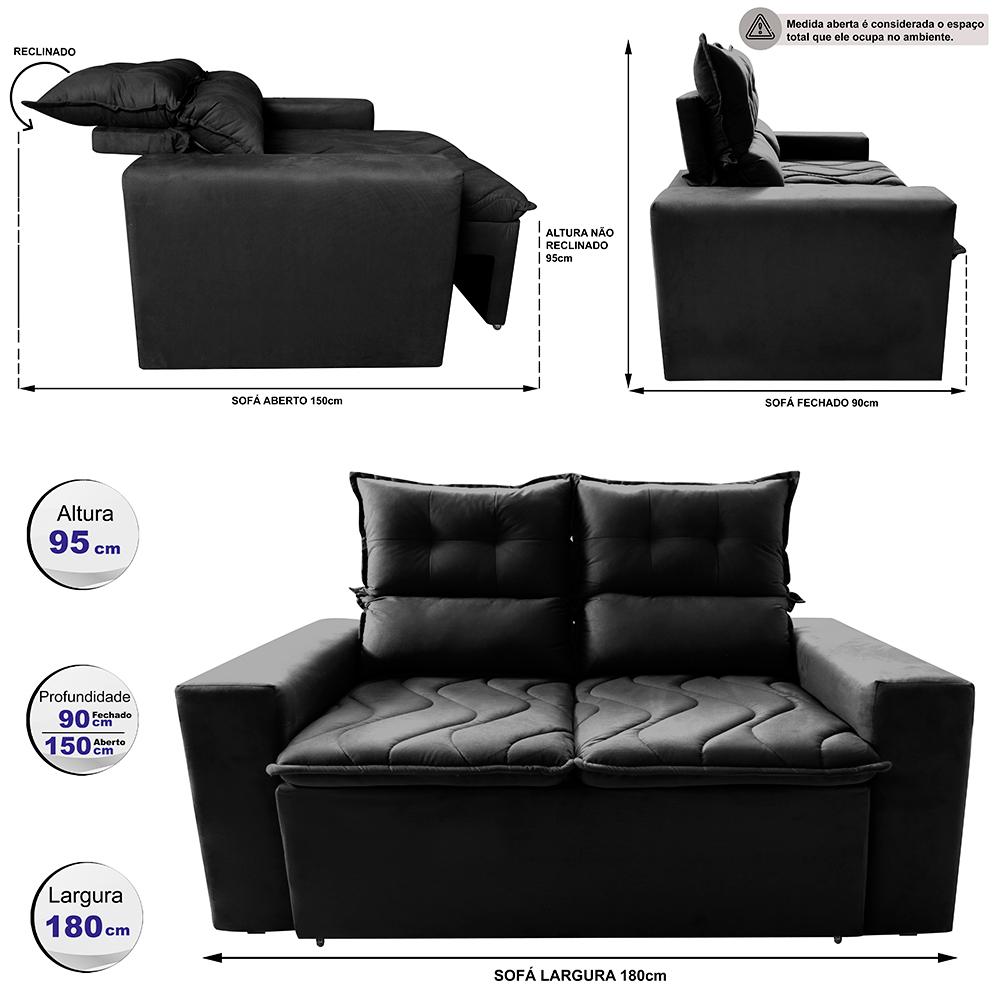 Sofá 3 Lugares Retrátil e Reclinável 1,80m Cama inBox Smal com bordado pantográfico Suede Preto
