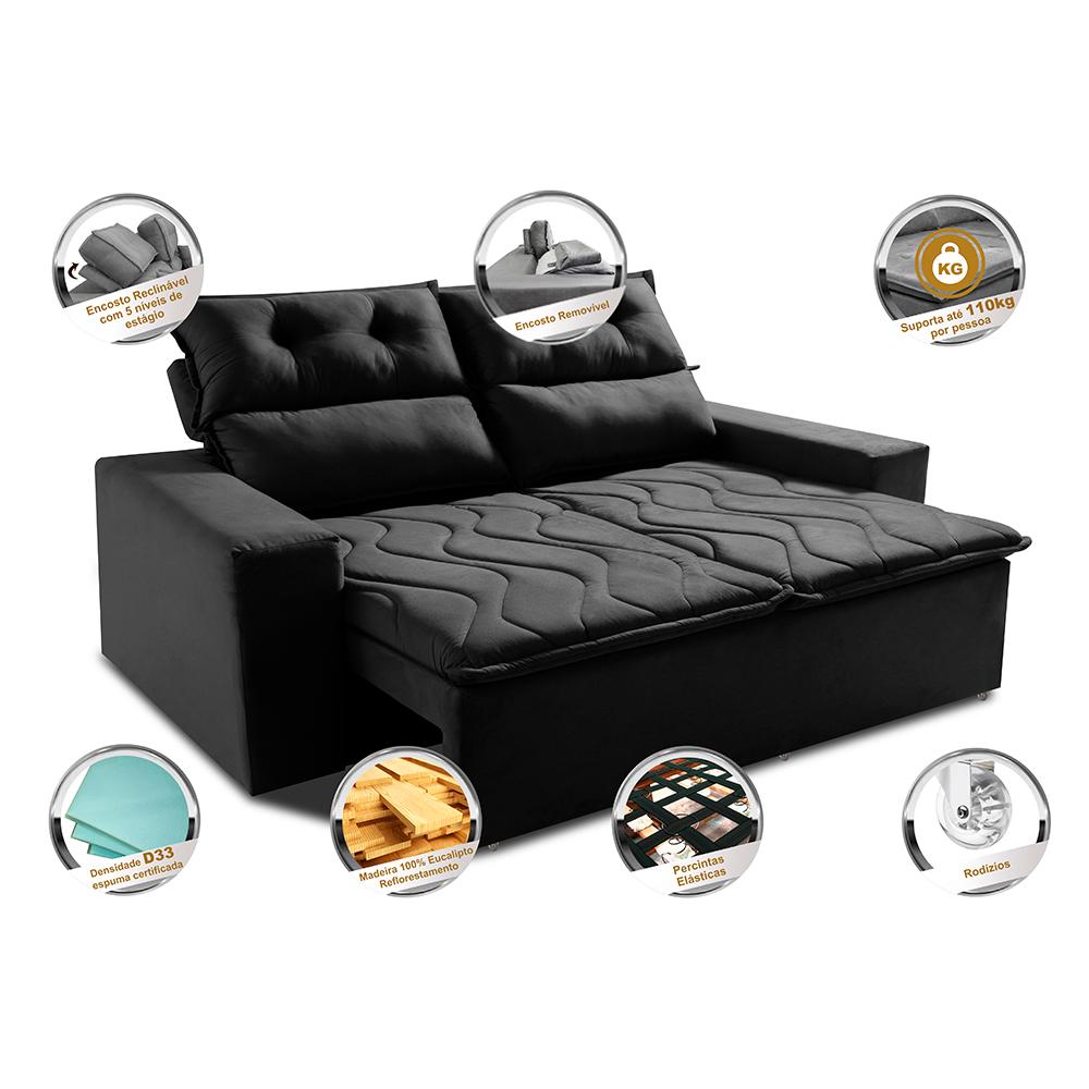 Sofá 3 Lugares Retrátil e Reclinável 1,80m Cama inBox Smal com bordado pantográfico Suede Preto