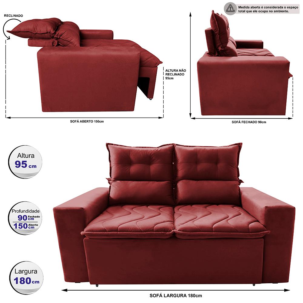Sofá 3 Lugares Retrátil e Reclinável 1,80m Cama inBox Smal com bordado pantográfico Suede Vermelho
