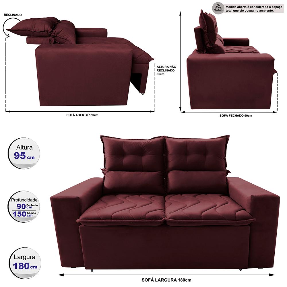 Sofá 3 Lugares Retrátil e Reclinável 1,80m Cama inBox Smal com bordado pantográfico Suede Vinho