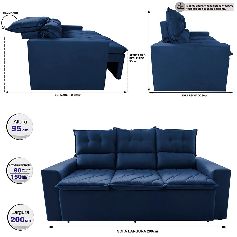 Sofá 3 Lugares Retrátil e Reclinável 2,00m Cama inBox Smal com bordado pantográfico Suede Azul