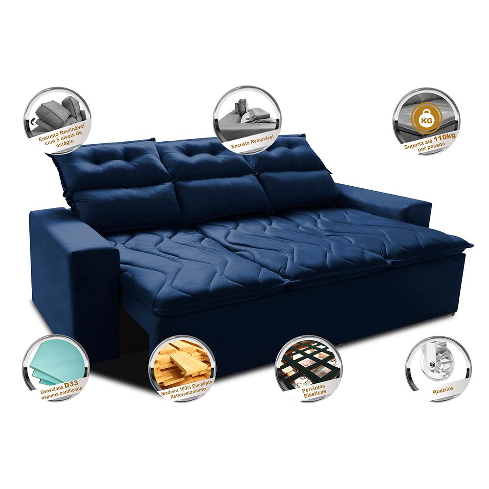 Sofá 3 Lugares Retrátil e Reclinável 2,00m Cama inBox Smal com bordado pantográfico Suede Azul
