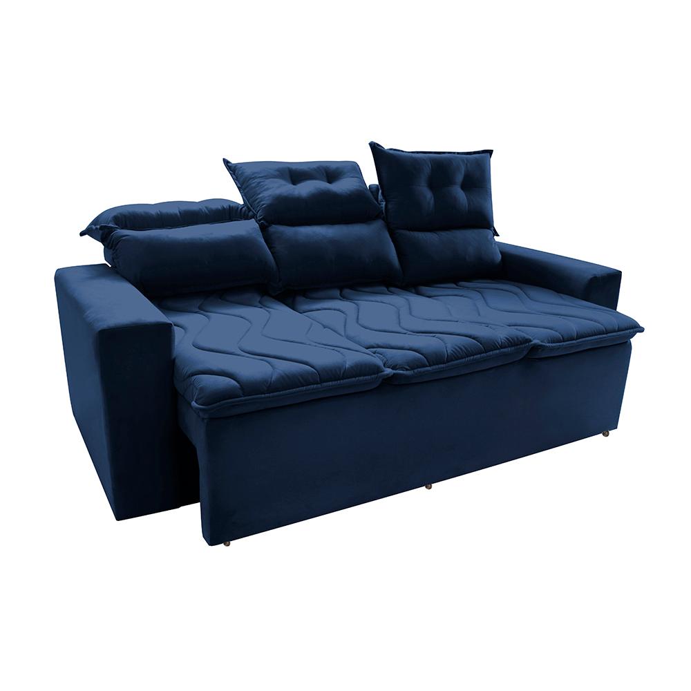 Sofá 3 Lugares Retrátil e Reclinável 2,00m Cama inBox Smal com bordado pantográfico Suede Azul