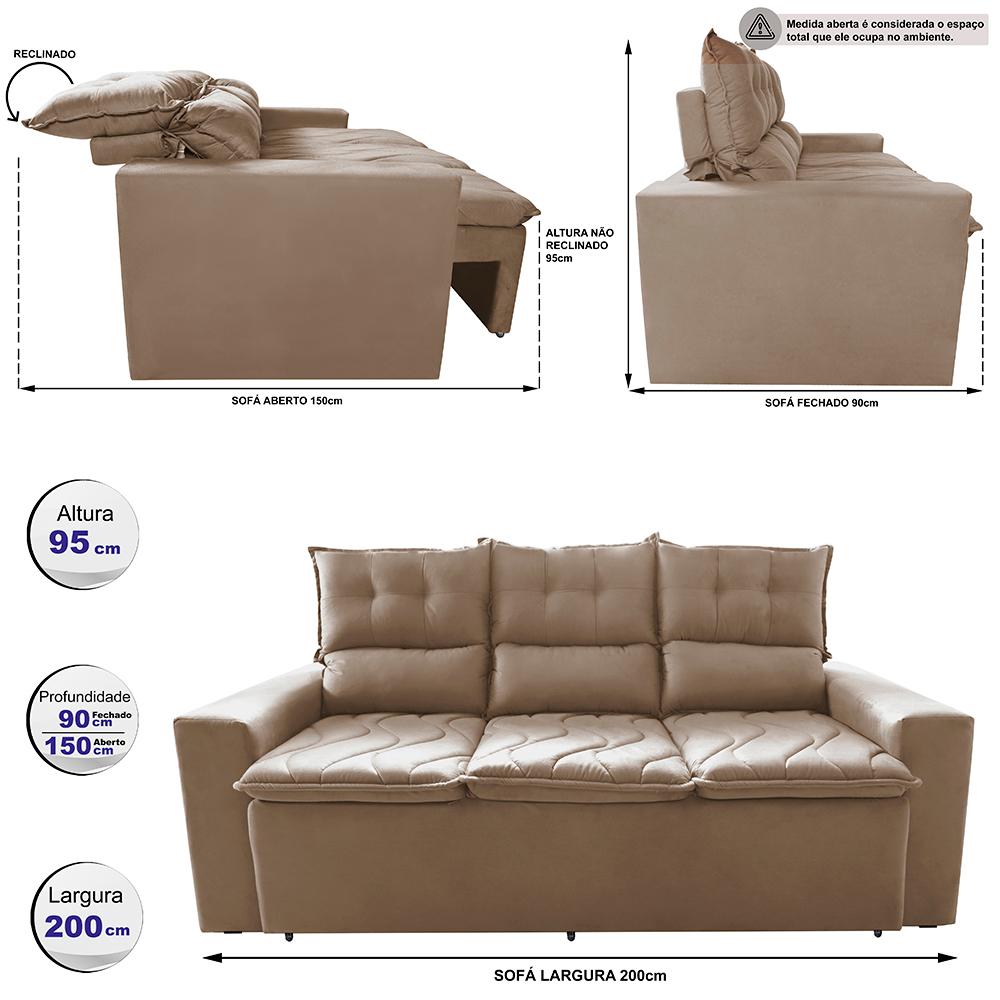 Sofá 3 Lugares Retrátil e Reclinável 2,00m Cama inBox Smal com bordado pantográfico Suede Bege