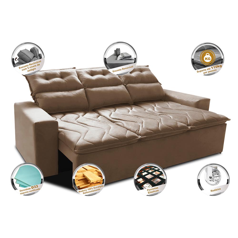 Sofá 3 Lugares Retrátil e Reclinável 2,00m Cama inBox Smal com bordado pantográfico Suede Bege