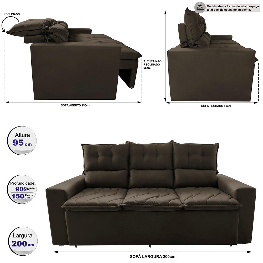 Sofá 3 Lugares Retrátil e Reclinável 2,00m Cama inBox Smal com bordado pantográfico Suede Café