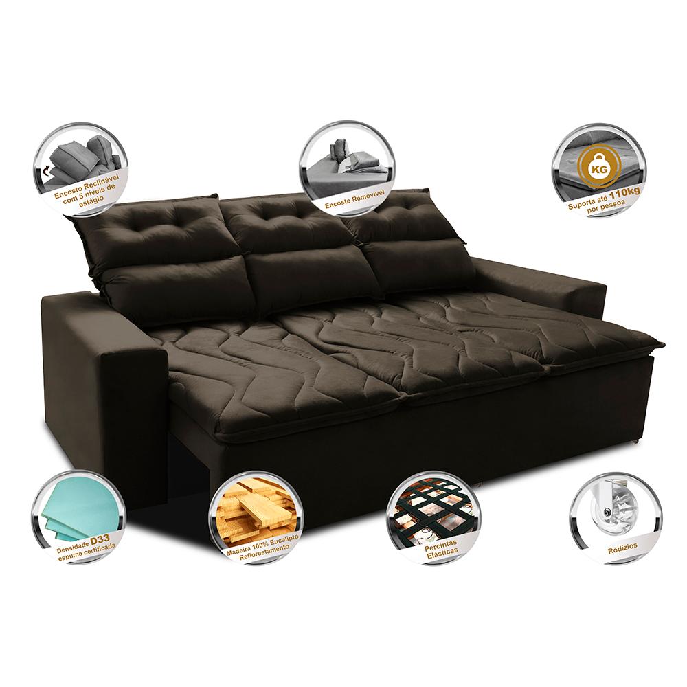 Sofá 3 Lugares Retrátil e Reclinável 2,00m Cama inBox Smal com bordado pantográfico Suede Café