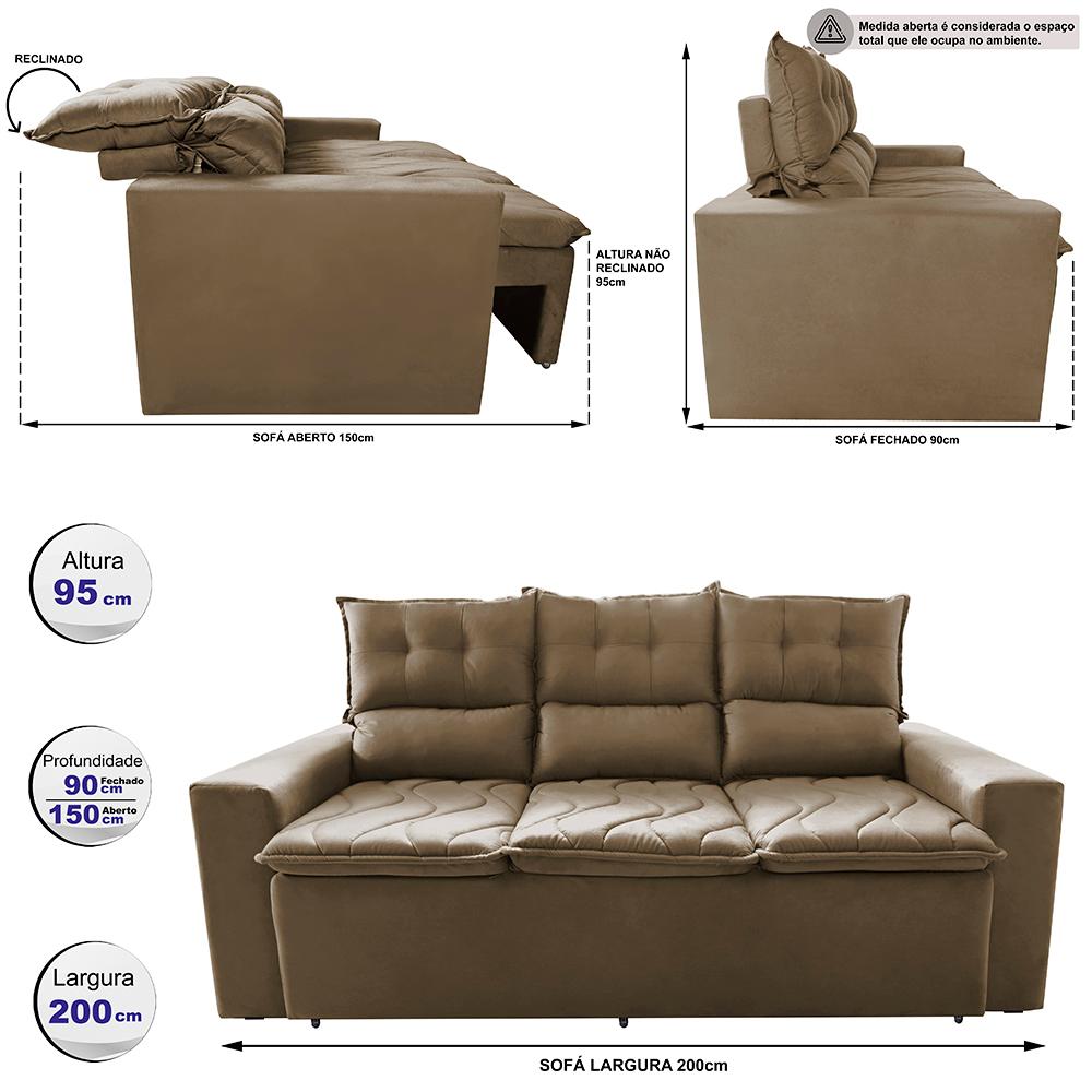 Sofá 3 Lugares Retrátil e Reclinável 2,00m Cama inBox Smal com bordado pantográfico Suede Castor