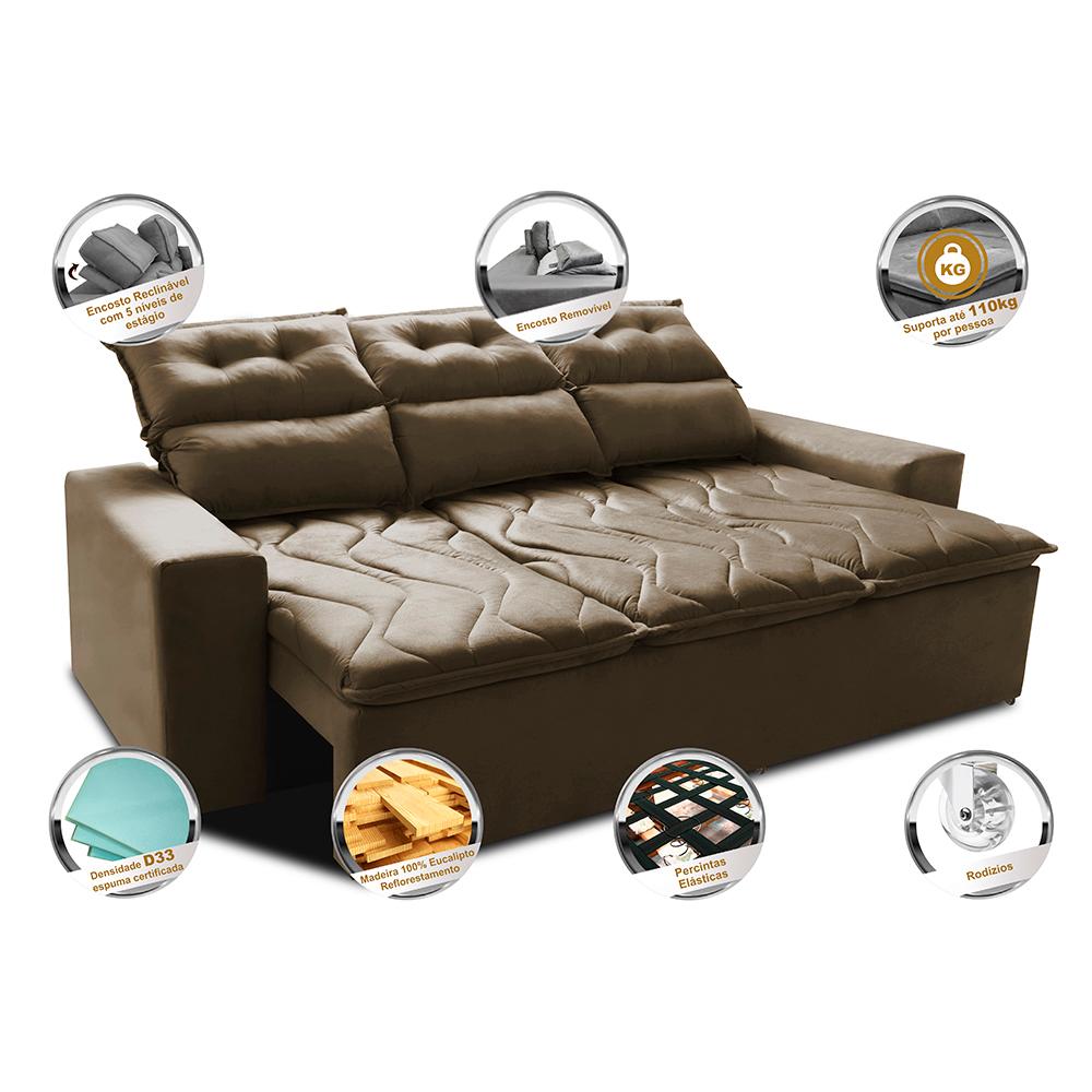 Sofá 3 Lugares Retrátil e Reclinável 2,00m Cama inBox Smal com bordado pantográfico Suede Castor