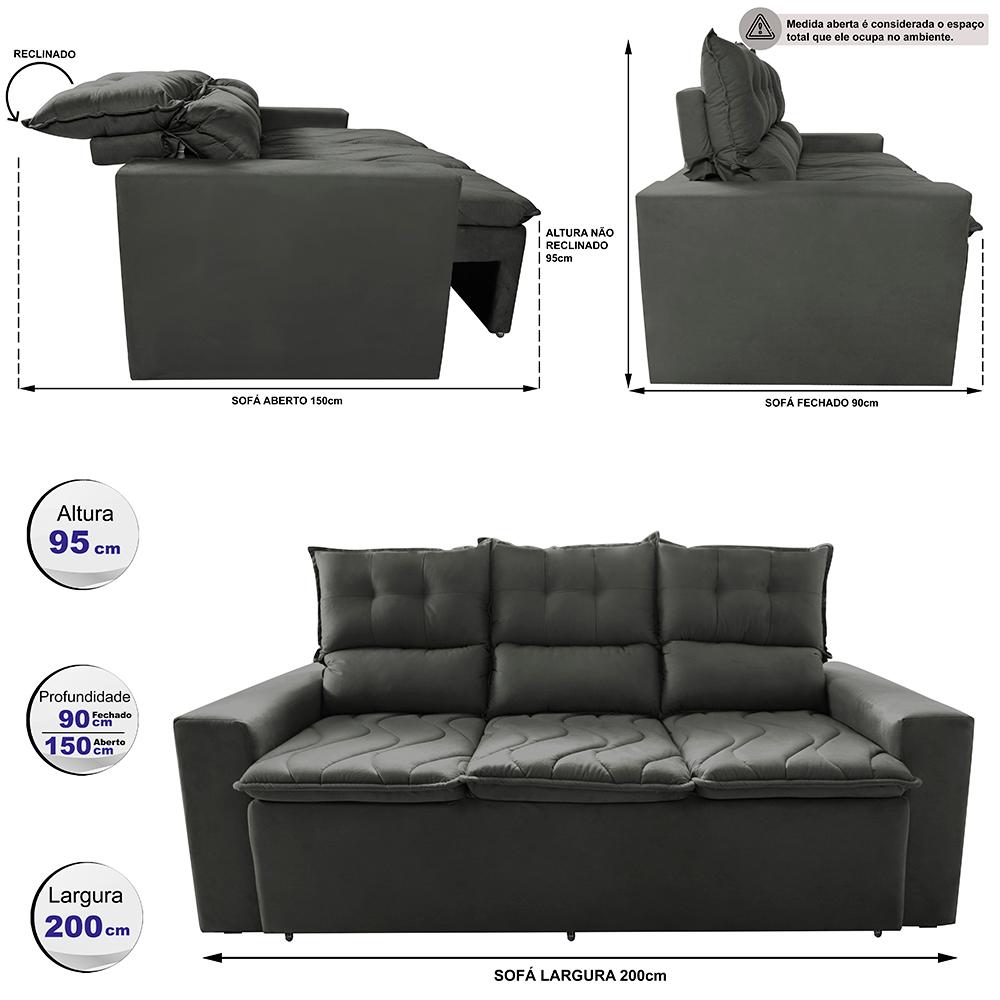 Sofá 3 Lugares Retrátil e Reclinável 2,00m Cama inBox Smal com bordado pantográfico Suede Cinza