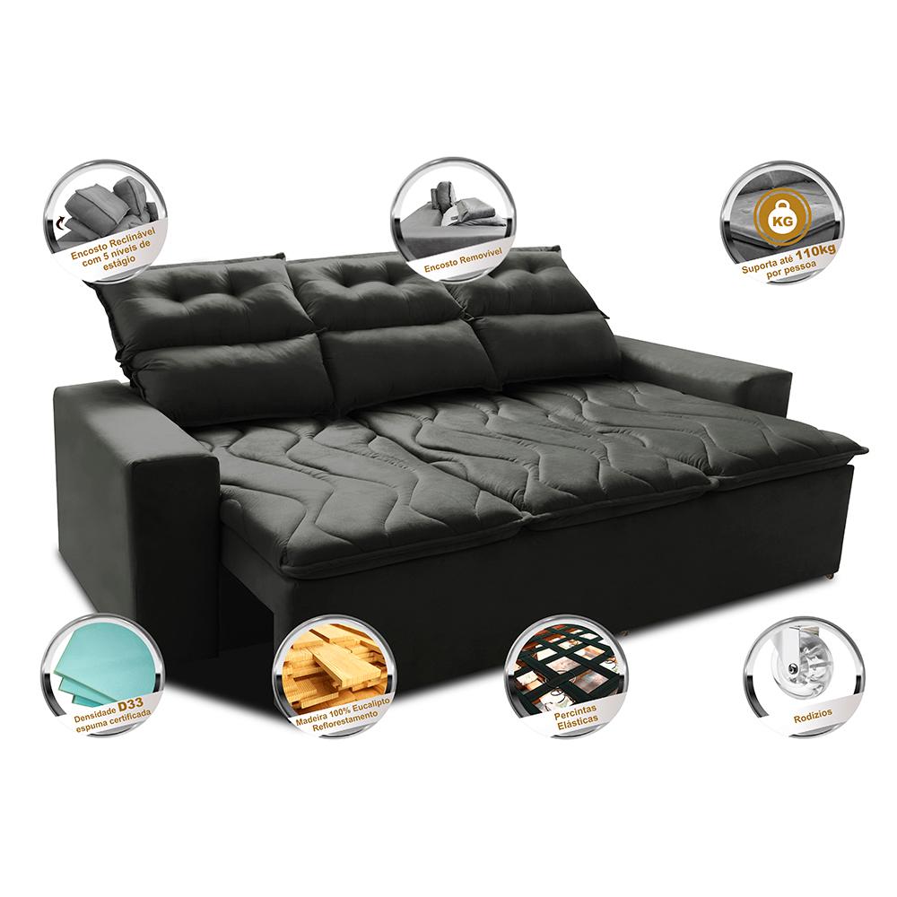 Sofá 3 Lugares Retrátil e Reclinável 2,00m Cama inBox Smal com bordado pantográfico Suede Cinza