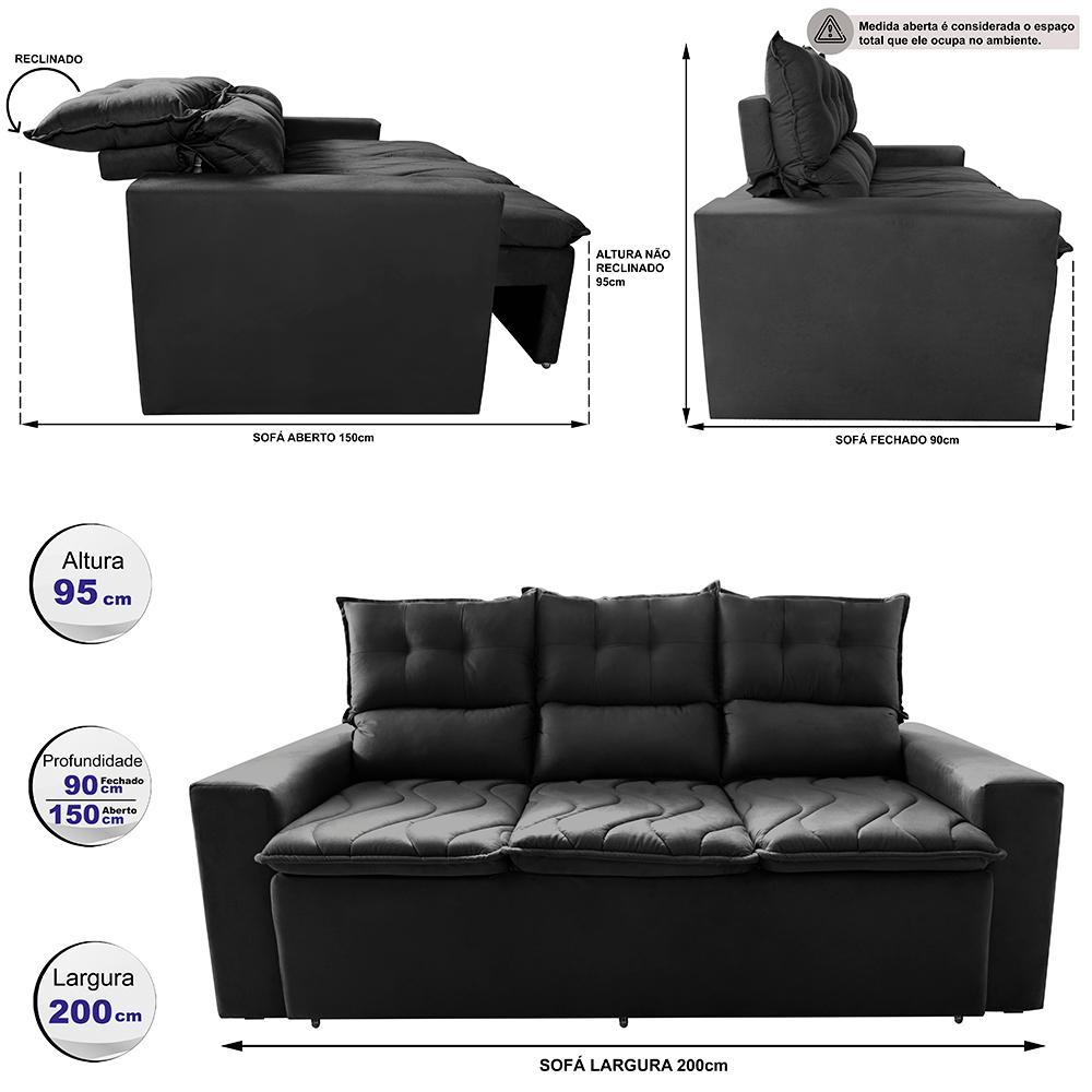 Sofá 3 Lugares Retrátil e Reclinável 2,00m Cama inBox Smal com bordado pantográfico Suede Preto