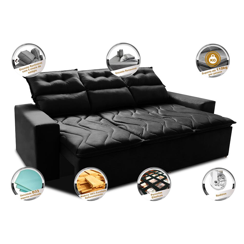 Sofá 3 Lugares Retrátil e Reclinável 2,00m Cama inBox Smal com bordado pantográfico Suede Preto