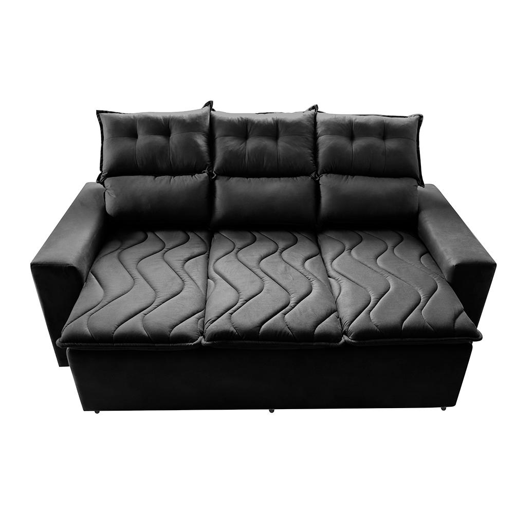 Sofá 3 Lugares Retrátil e Reclinável 2,00m Cama inBox Smal com bordado pantográfico Suede Preto