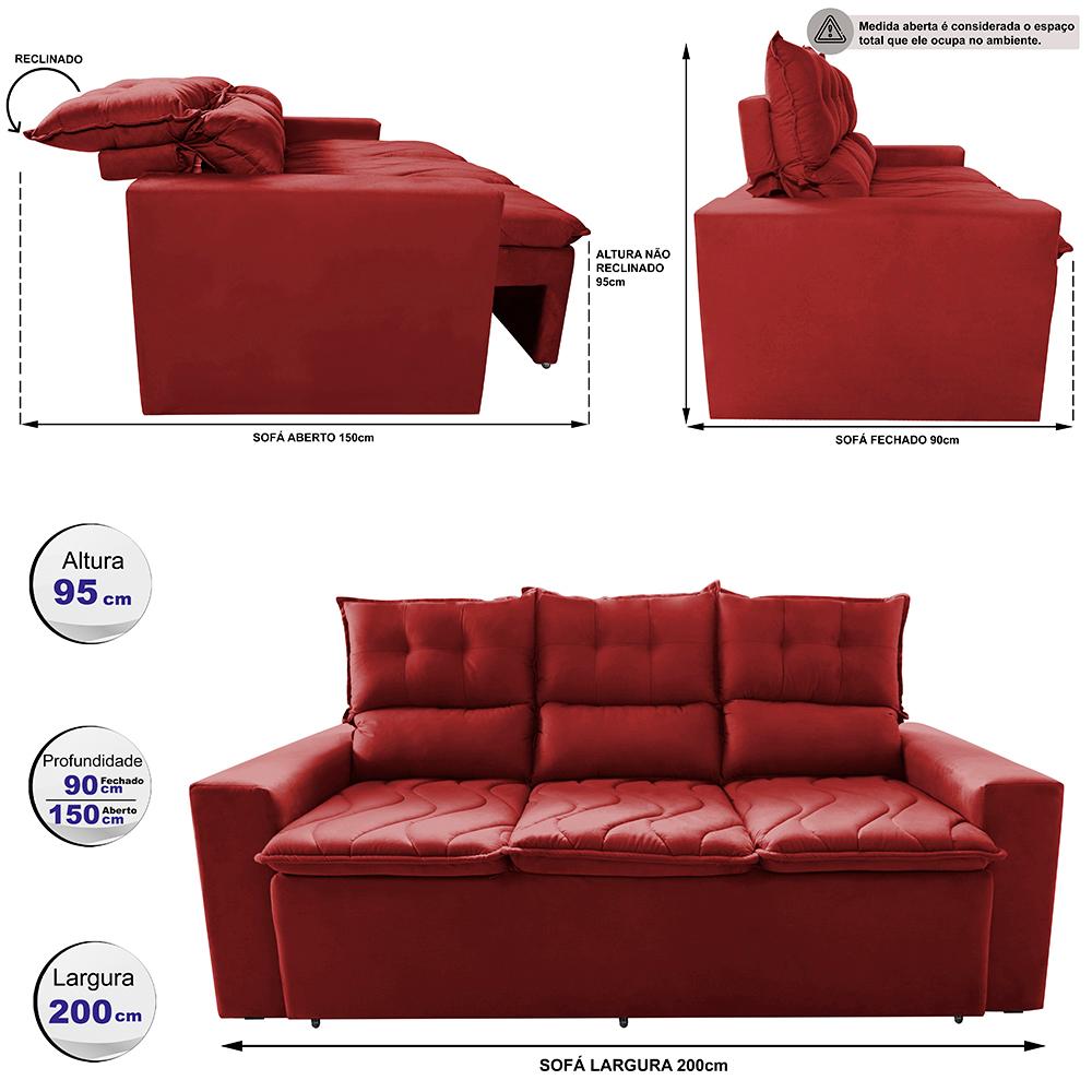 Sofá 3 Lugares Retrátil e Reclinável 2,00m Cama inBox Smal com bordado pantográfico Suede Vermelho