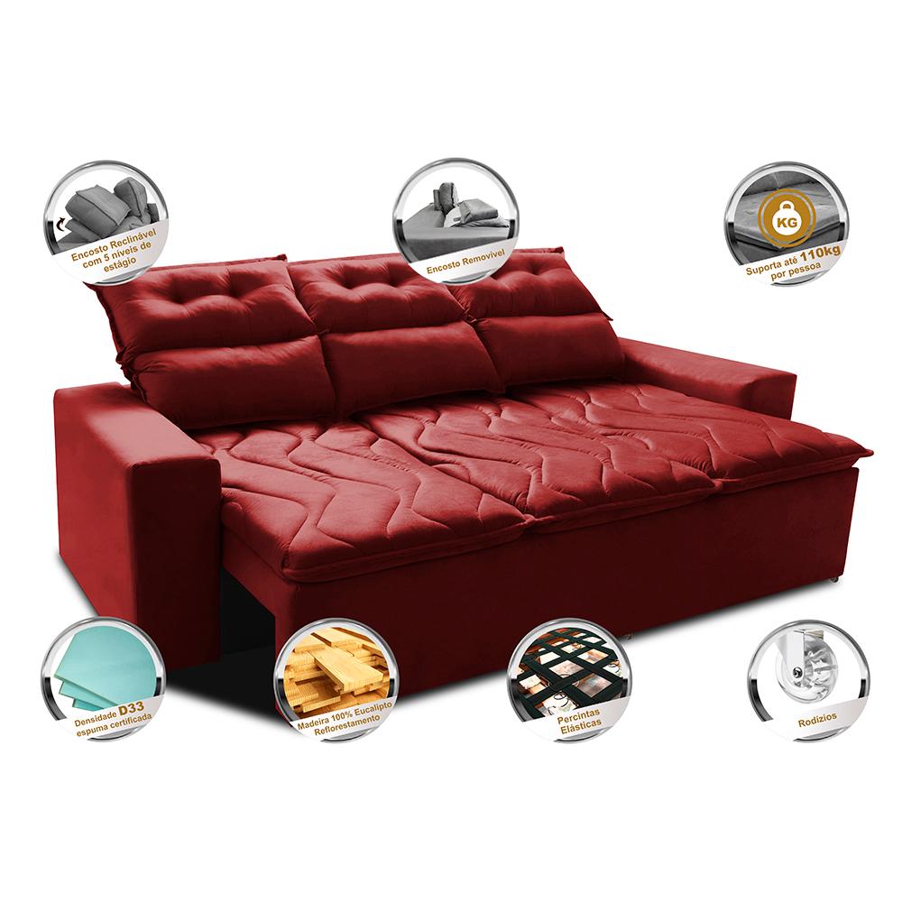 Sofá 3 Lugares Retrátil e Reclinável 2,00m Cama inBox Smal com bordado pantográfico Suede Vermelho