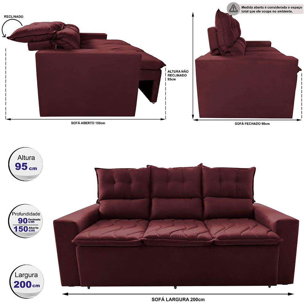 Sofá 3 Lugares Retrátil e Reclinável 2,00m Cama inBox Smal com bordado pantográfico Suede Vinho