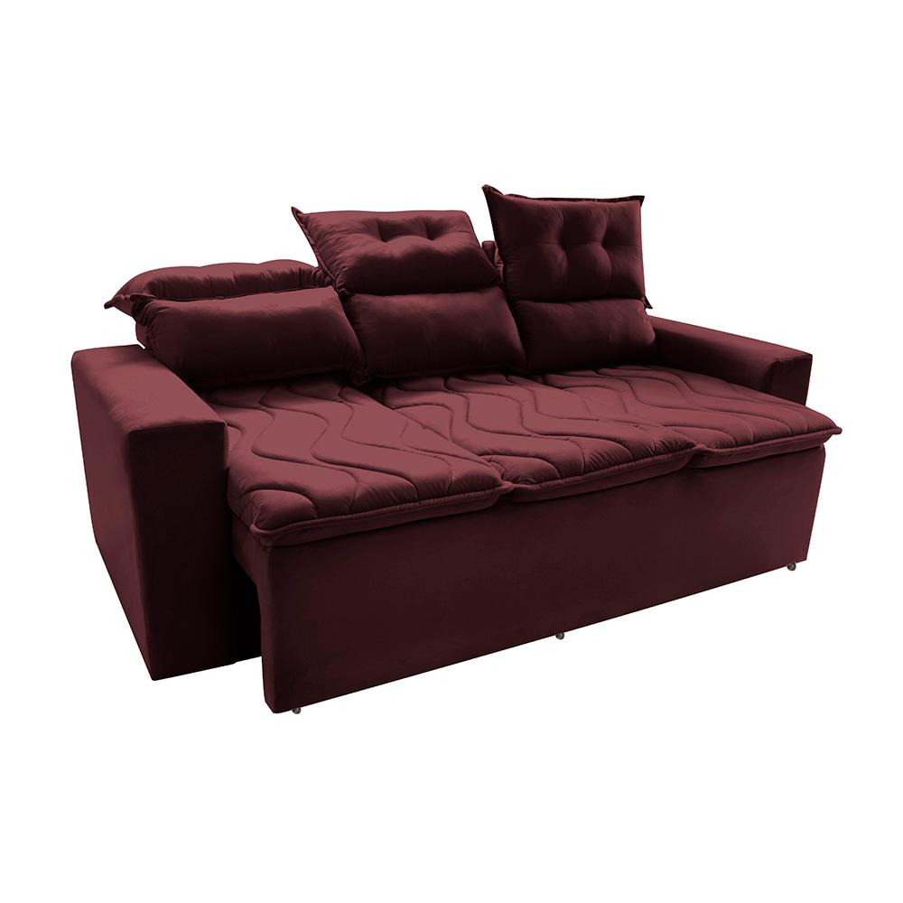 Sofá 3 Lugares Retrátil e Reclinável 2,00m Cama inBox Smal com bordado pantográfico Suede Vinho