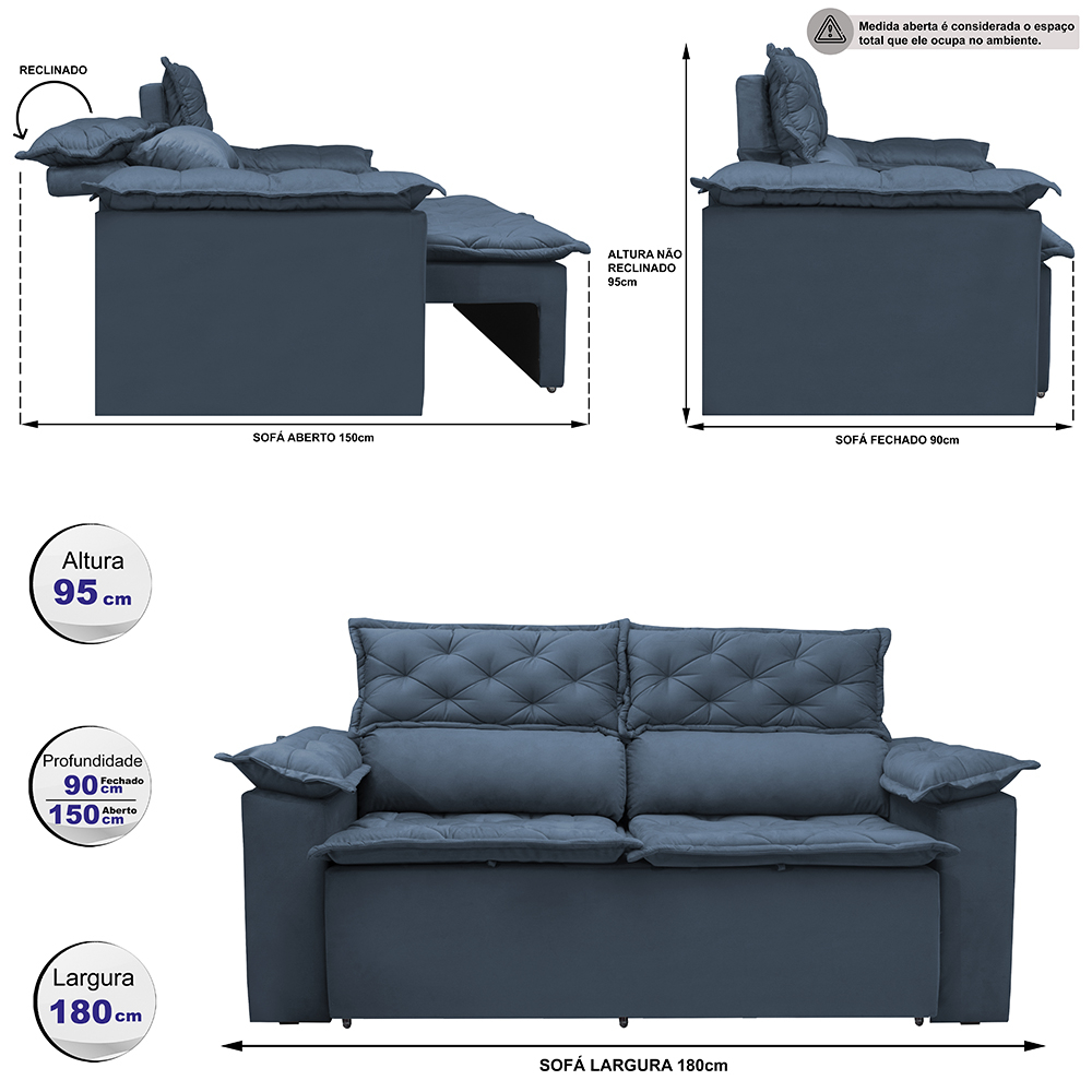 Sofá 3 Lugares Retrátil e Reclinável Cama inBox Compact 1,80m Velusoft Azul