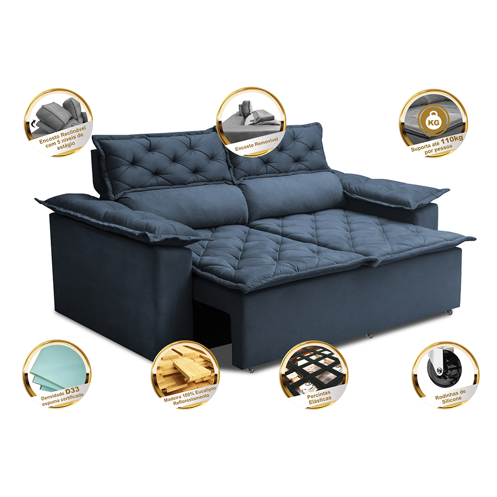 Sofá 3 Lugares Retrátil e Reclinável Cama inBox Compact 1,80m Velusoft Azul