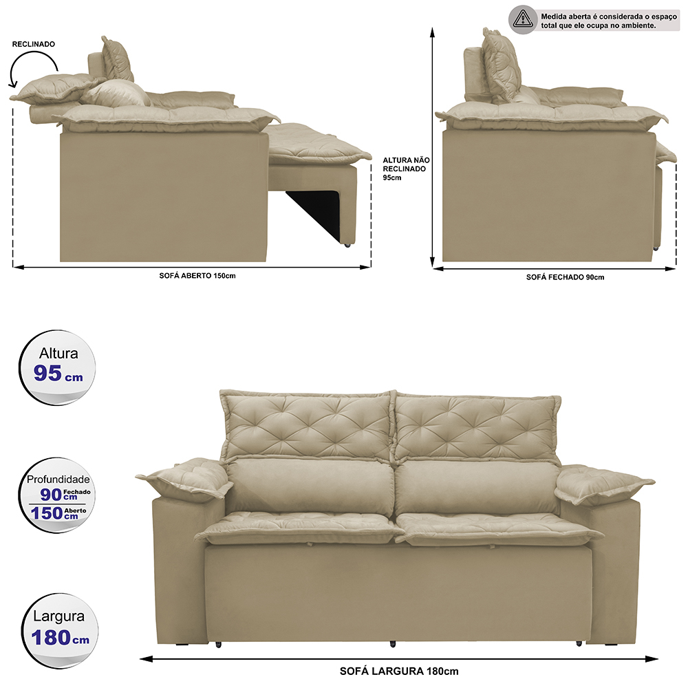 Sofá 3 Lugares Retrátil e Reclinável Cama inBox Compact 1,80m Velusoft Bege