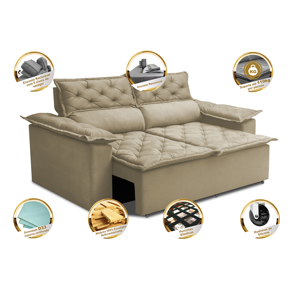 Sofá 3 Lugares Retrátil e Reclinável Cama inBox Compact 1,80m Velusoft Bege