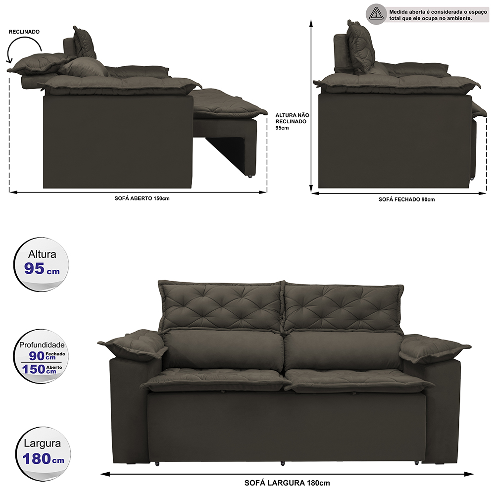 Sofá 3 Lugares Retrátil e Reclinável Cama inBox Compact 1,80m Velusoft Café