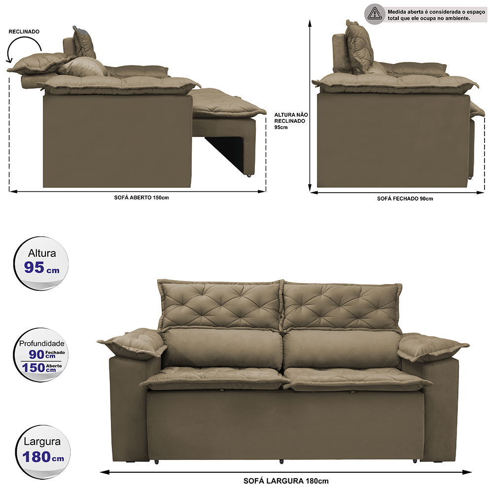 Sofá 3 Lugares Retrátil e Reclinável Cama inBox Compact 1,80m Velusoft Castor