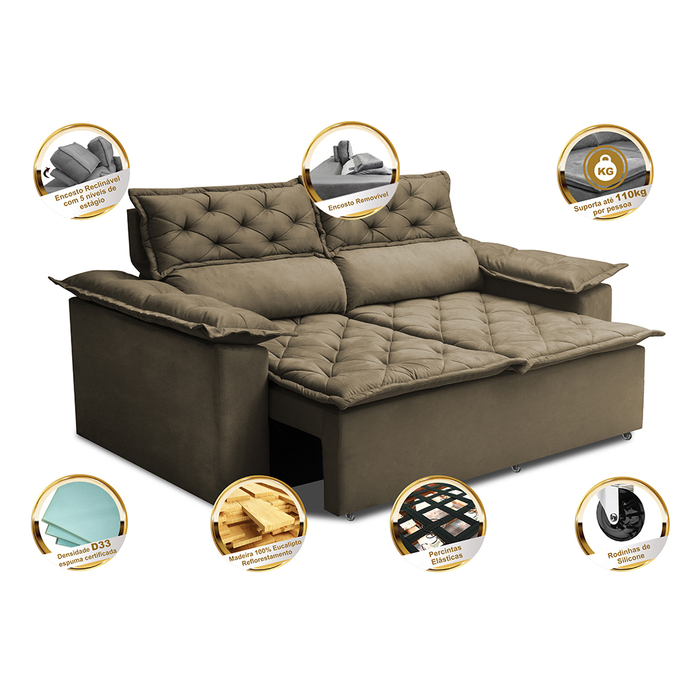 Sofá 3 Lugares Retrátil e Reclinável Cama inBox Compact 1,80m Velusoft Castor